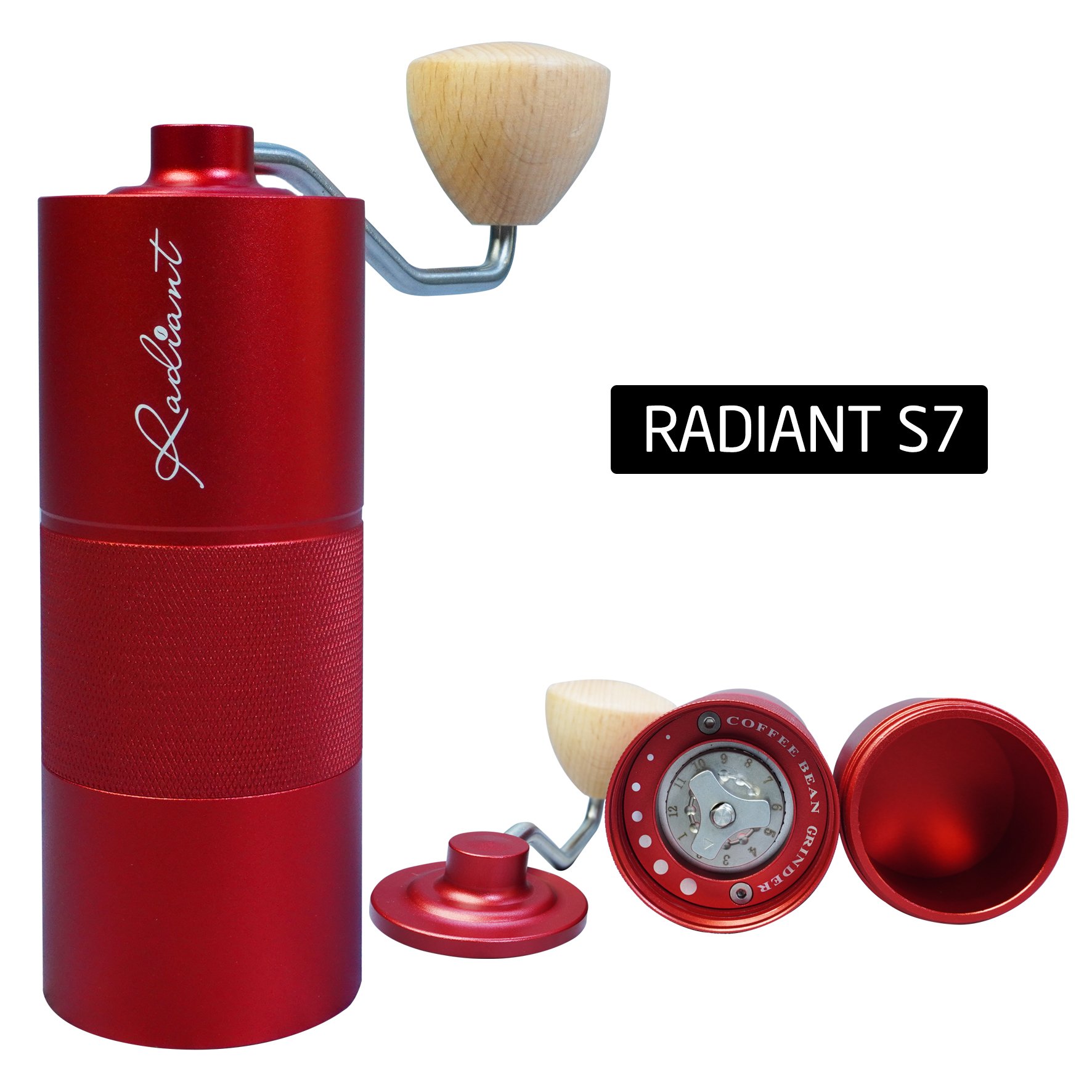 Máy xay cafe cầm tay Radiant S7 Quốc Lộc màu đỏ cao cấp, lưỡi xay thép không gỉ, giúp xay cà phê mịn đều và giữ trọn hương vị tươi mới.