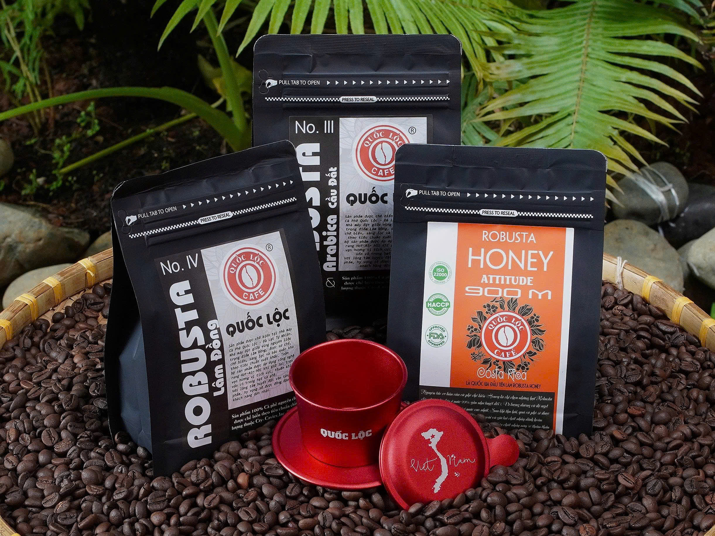 Combo test quán Quốc Lộc Coffee với các dòng cà phê nguyên chất, rang mộc, phù hợp cho các quán cafe