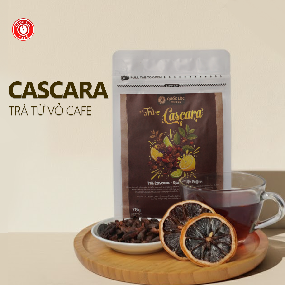 Trà cascara Quốc Lộc Coffee làm từ vỏ cà phê Arabica chín, hương trái cây dịu nhẹ