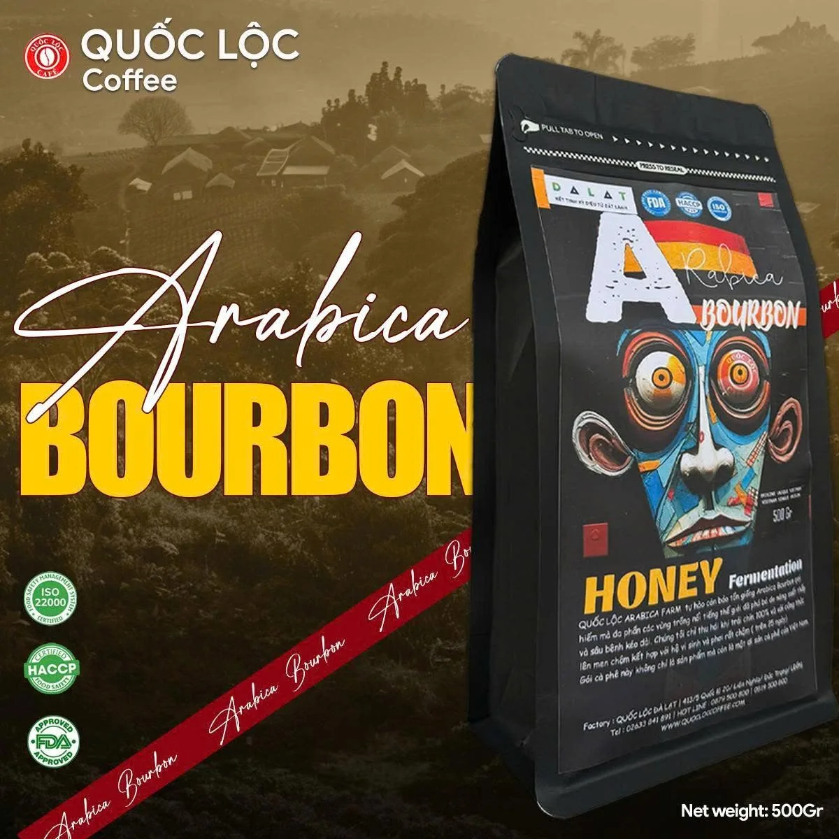 Arabica Bourbon Trái Vàng Quốc Lộc là dòng cà phê đặc sản đạt 83.66 điểm SCA, được chế biến Honey Process và rang Medium nhằm giữ trọn hương vị nguyên bản. Nổi bật với hương mật ong, dâu chín, quả mọng đỏ, caramel ngọt sâu cùng hậu vị kéo dài. Phù hợp cho pour over, cold brew, espresso và các phương pháp pha thủ công.