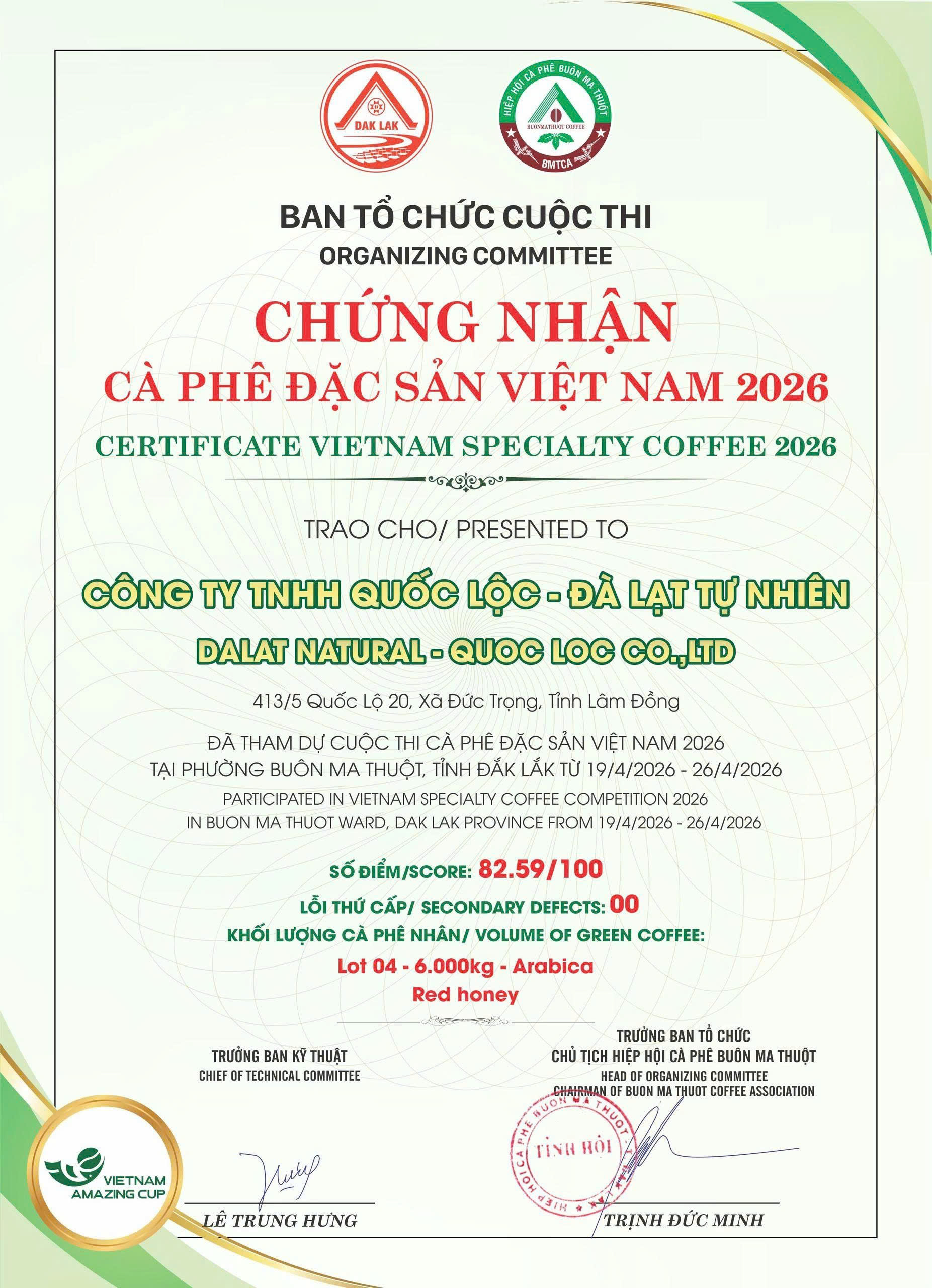 Chứng nhận Cà phê Đặc sản Việt Nam 2026 cho lô Arabica Red Honey của Quốc Lộc, đạt 82.59 điểm tại cuộc thi Vietnam Specialty Coffee.